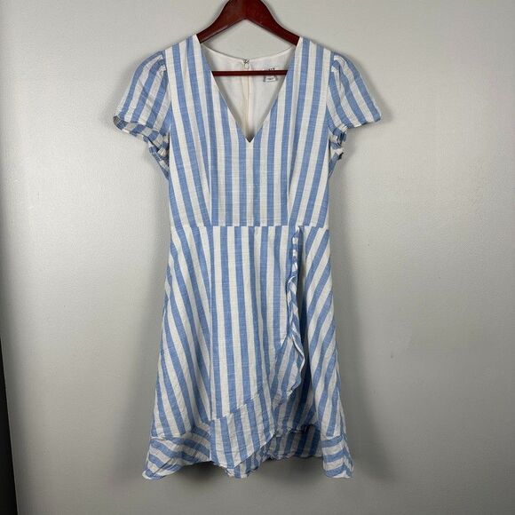 J.CREW Dresses & Skirts - J. Crew White Blue Stripe Faux Wrap Short Sleeve V-Neck Dress Size 2 Cotton